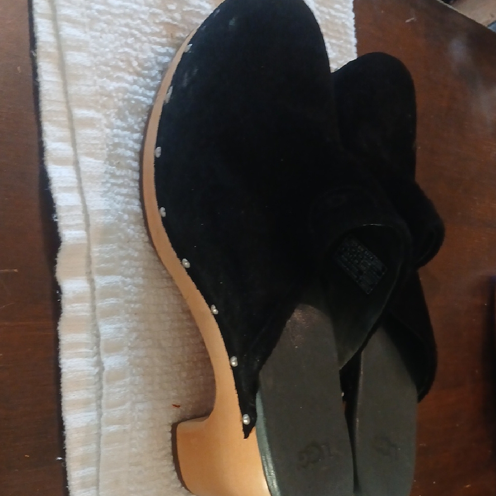 UGG Women's Black Suede Mules with Tan Sole